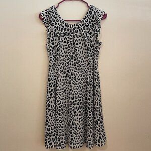 Leopard Cheetah Print Ruffle Short Sleeve Lace Open Back Dress Black White M